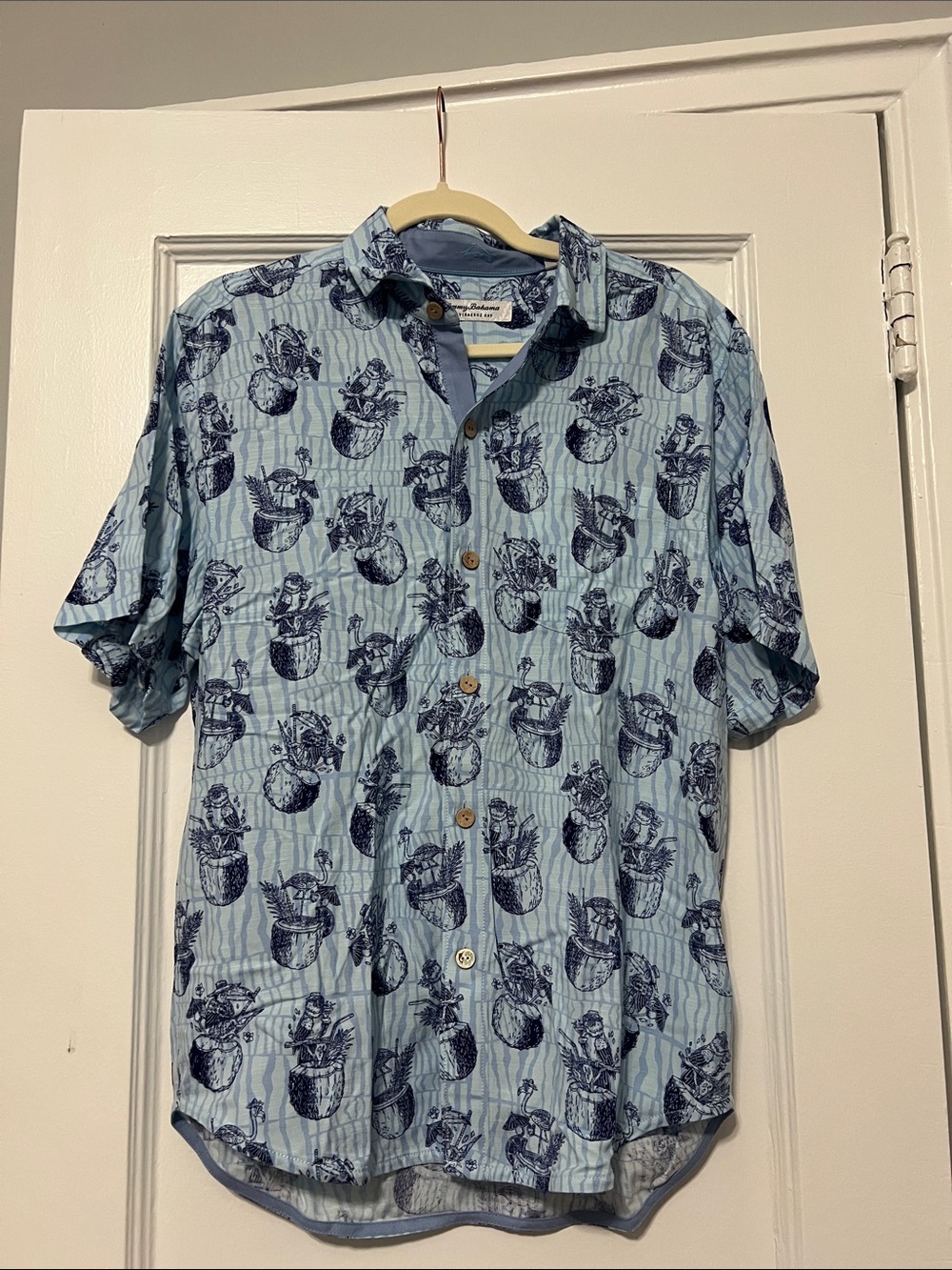 Tommy Bahama Light Blue Short-Sleeve Button-Down with Navy Tropical Print